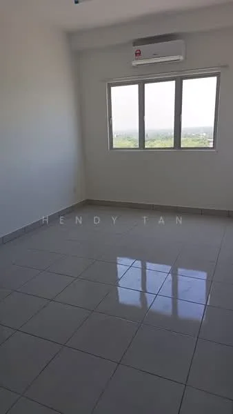 Room features: white painted walls, glossy ceramic tile flooring, floor-to-ceiling windows, 1 wall-mounted split AC; view: city.