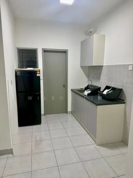 Kitchen features: grey cabinetry, black countertop, stainless-steel sink, chrome pull-down faucet, built-in fridge, ceramic tile flooring, white painted walls, window above sink, grey tiled backsplash, recessed ceiling lights; style: modern.