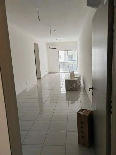 Room features: white painted walls, glossy ceramic tile flooring, 1 wall-mounted split AC, recessed downlights, sliding glass door, balcony access, empty space, ceiling with exposed wiring; style: modern.