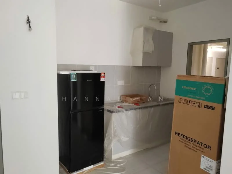 Kitchen features: black fridge, stainless-steel sink, chrome faucet, grey upper cabinets, white lower cabinets, light grey tiled backsplash, countertop with protective covering, white walls, tile flooring, ceiling light fixture; style: modern.