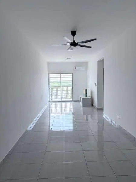 Room features: white painted walls, glossy ceramic tile flooring, 5-blade ceiling fan, floor-to-ceiling sliding glass door, natural light from windows, air conditioning unit, minimalist decor, open layout; style: modern; view: garden.