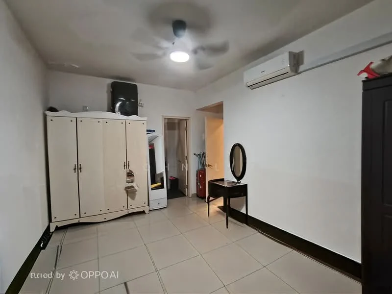 Room features: white painted walls, tile flooring, ceiling fan, wall-mounted split AC, built-in wardrobe, full-length mirror, doorway leading to another room, visible appliances, light switch, fire extinguisher.