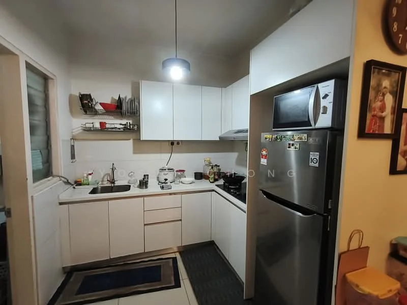 Kitchen features: white cabinetry, granite countertop, stainless-steel sink, chrome pull-down faucet, built-in oven, freestanding range oven, stainless-steel fridge, microwave, tile flooring, recessed downlights, wall-mounted shelves, kitchen utensils on shelf, window with sheer curtains; style: modern.