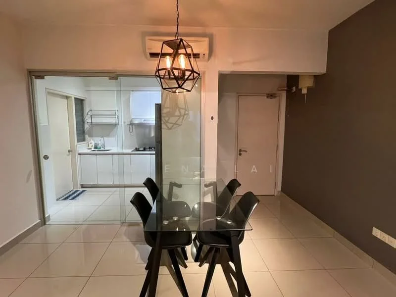 Dining features: glass dining table, 4 black dining chairs, pendant light fixture with geometric design, white walls, grey accent wall, wall-mounted air conditioning unit, tile flooring, doorway leading to kitchen; style: modern. Kitchen features: white cabinetry, stainless-steel appliances, kitchen countertop, open layout to dining area; style: modern.