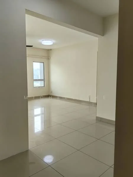 Room features: white painted walls, glossy ceramic tile flooring, ceiling light fixture, large window with city view, neutral color scheme, open layout, no visible furniture, smooth ceiling; style: modern; view: city.