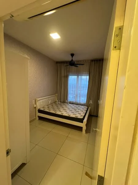 Bedroom features: queen-size bed, upholstered headboard, white bedding, floor-to-ceiling window, sheer curtains, ceiling fan, light-colored walls with floral pattern, tile flooring, built-in wardrobe, decorative wall, area rug; style: modern; view: city.
