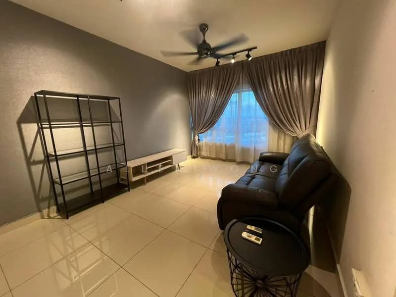 Living features: grey painted walls, white tiled flooring, 5-blade ceiling fan with light, floor-to-ceiling window with sheer curtains, black metal shelving unit, light wood coffee table, brown leather sofa, black side table; style: modern.