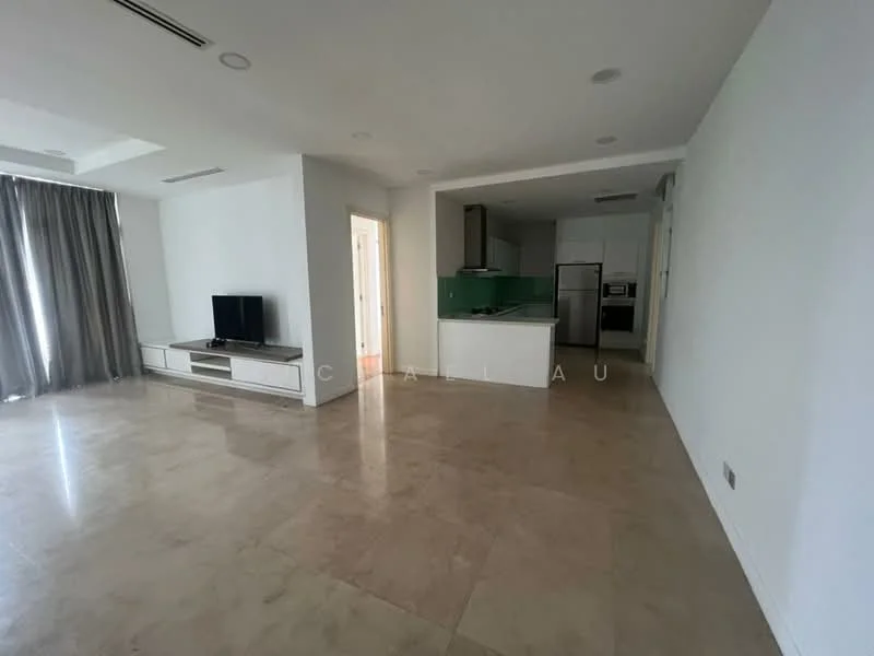Living features: large floor-to-ceiling windows with sheer curtains, light grey walls, marble tile flooring, recessed downlights, wall-mounted TV, TV console, open layout to kitchen, area rug, sofa area, dining space, neutral color palette; style: modern. Kitchen features: white cabinetry, green backsplash, stainless-steel appliances, kitchen island, built-in oven, refrigerator, 4-burner gas hob, single-bowl stainless-steel sink, chrome pull-down faucet; style: modern.
