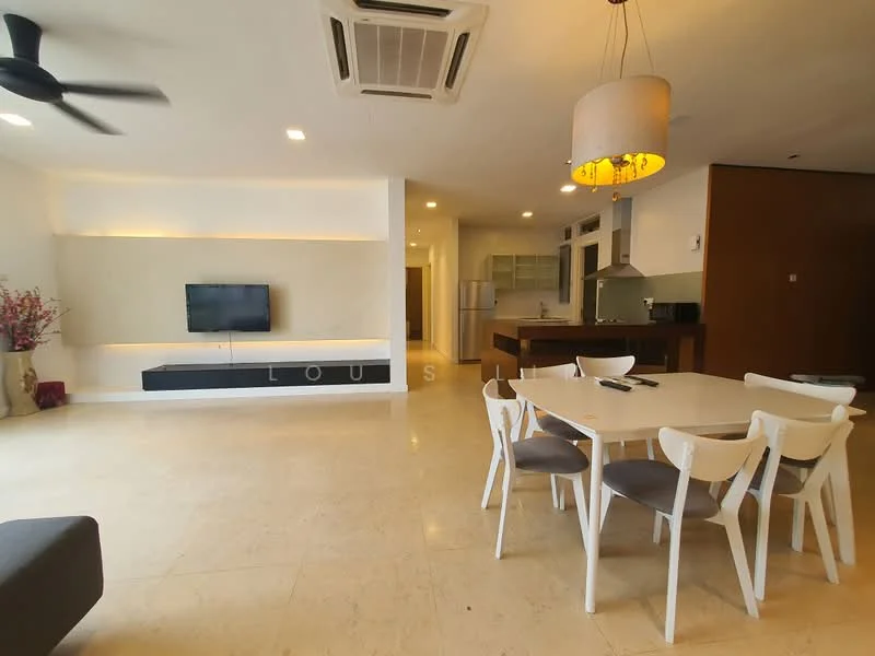 Living features: marble tile flooring, white painted walls, ceiling with recessed downlights, 5-blade ceiling fan, wall-mounted TV, black TV console, open-plan layout, large windows, dining area with round table, white dining chairs, kitchen area visible in background, decorative plant, pendant light fixture; style: modern.