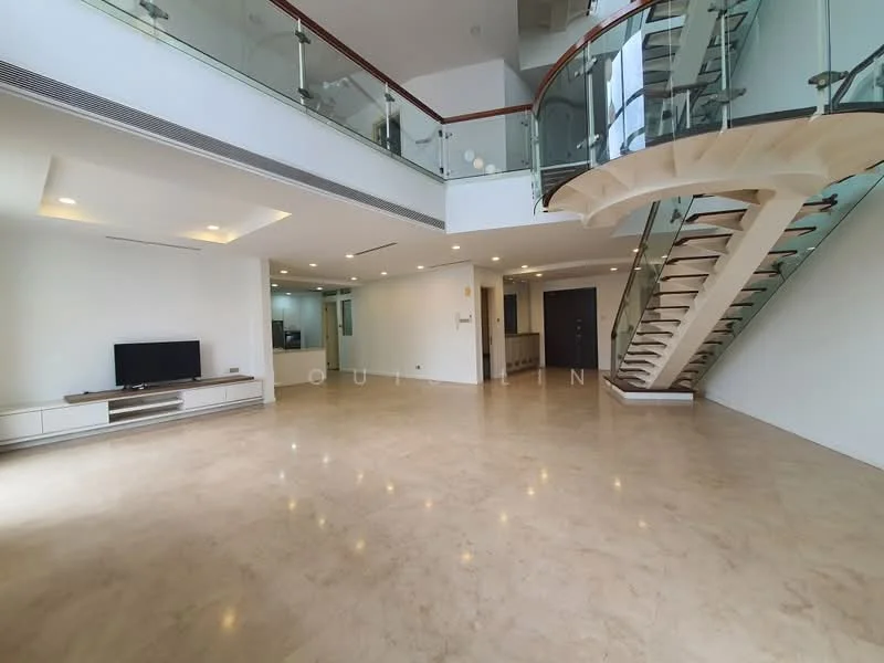 Living features: marble flooring, white painted walls, recessed downlights, floor-to-ceiling windows, glass railing staircase, open layout, TV console, high ceiling; style: modern. Room features: white painted walls, marble flooring, recessed downlights.