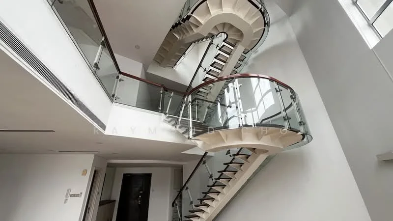 Room features: spiral staircase with wooden steps, glass railing, high ceilings, large windows, white painted walls, recessed lighting, open space, modern design; style: modern.