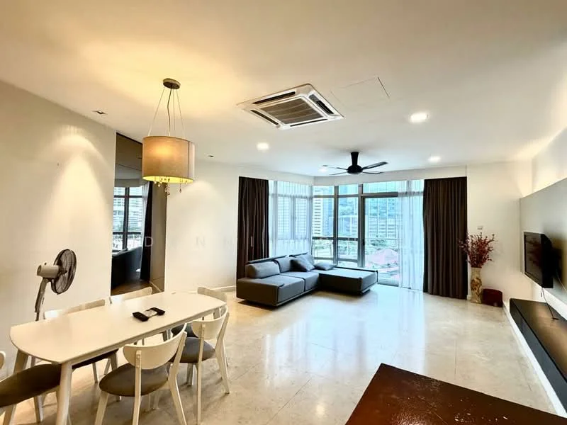 Living features: marble tile flooring, white painted walls, 5-blade ceiling fan with light, recessed downlights, floor-to-ceiling windows, grey fabric sectional sofa, wall-mounted TV, TV console, decorative plant in ceramic pot, curtains, dining table with white surface and four chairs; style: modern; view: city.