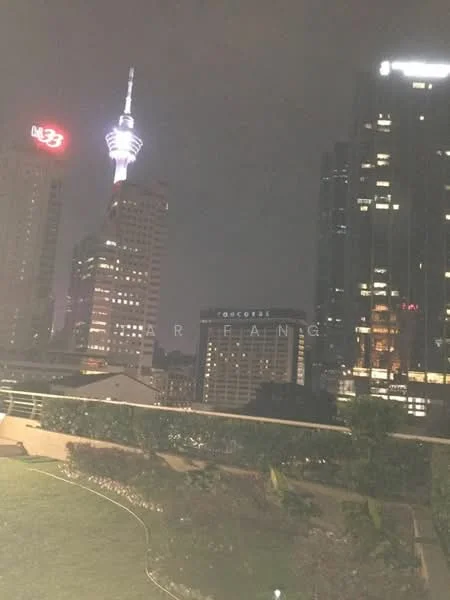 Exterior features: city skyline view, night lighting, manicured lawn, landscaped garden, modern high-rise buildings, visible telecommunications tower; style: modern.