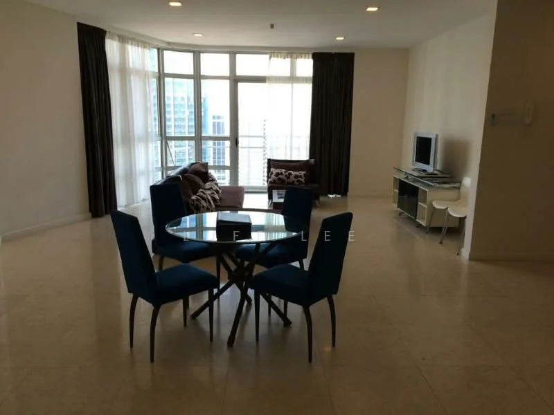 Living features: large floor-to-ceiling windows, white painted walls, marble tile flooring, recessed downlights, 3-seater fabric sofa in brown, 2-seater fabric sofa in beige, glass dining table with round top, 4 upholstered dining chairs in blue, TV console in white, wall-mounted TV, decorative cushions, sheer curtains, blackout curtains; style: modern; view: city.