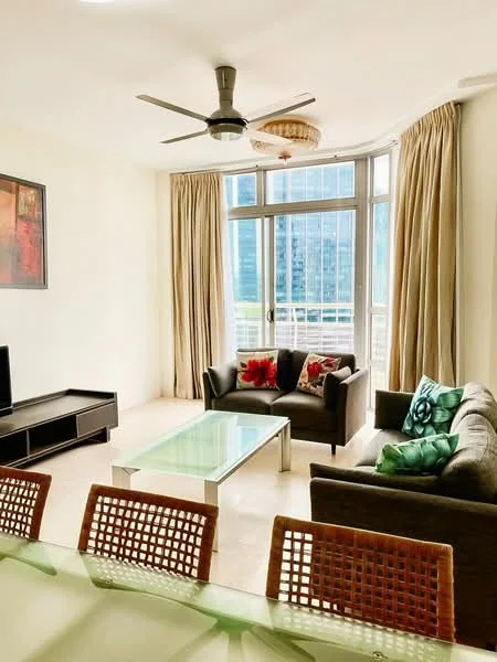 Living features: 3-seater fabric sofa in grey, 2-seater fabric sofa in black, glass coffee table, TV console, wall-mounted TV, floor-to-ceiling windows, sheer curtains, ceiling fan with light, decorative cushions in red and green, area rug, light-colored walls, marble flooring; style: modern; view: city.