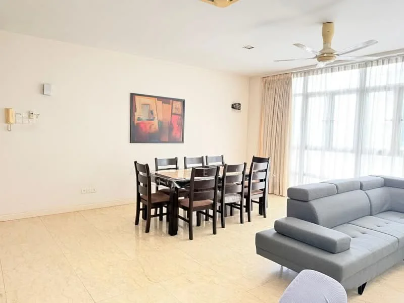 Dining features: 6-seater dining table, wooden dining chairs, cream painted walls, large windows with sheer curtains, ceiling fan, marble tile flooring, decorative artwork on wall, wall-mounted light fixture; style: modern. Living features: L-shape sectional sofa in grey, coffee table, cream painted walls, large windows with sheer curtains, ceiling fan, marble tile flooring; style: modern.
