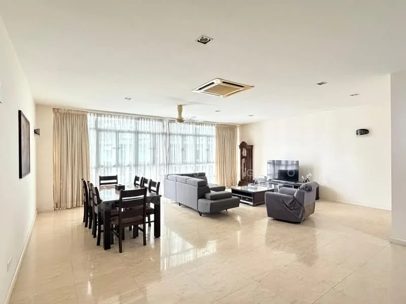 Living features: cream painted walls, marble tile flooring, 5-blade ceiling fan with light, floor-to-ceiling windows, sheer curtains, L-shape sectional sofa in grey, coffee table, TV console, wall-mounted TV, area rug, dining table for 6, upholstered dining chairs; style: modern.
