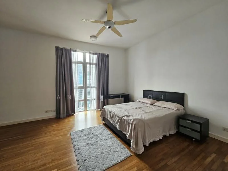 Bedroom features: king-size bed with upholstered headboard, 2 bedside tables in black, floor-to-ceiling windows, sheer curtains, wooden flooring, ceiling fan with light, area rug with geometric pattern, decorative wall, city view; style: modern; view: city.