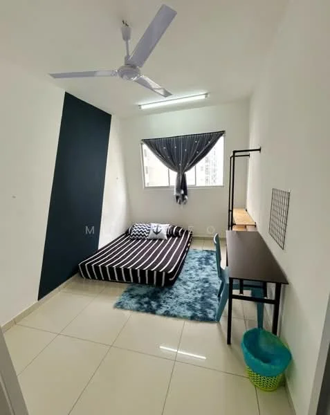 Bedroom features: single bed mattress on floor, striped bed cover, blue area rug, white painted walls, dark blue accent wall, floor-to-ceiling window, sheer curtains, ceiling fan, study desk, blue chair, wire grid wall decor, green waste basket, glossy tile flooring; style: modern; view: city.