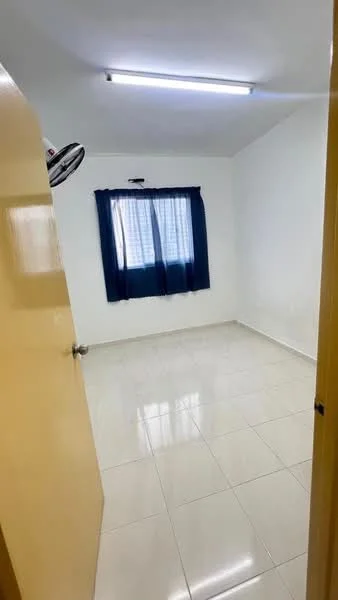 Room features: white painted walls, glossy ceramic tile flooring, single window with blue curtains, ceiling light fixture, wooden door, neutral color scheme; style: modern.