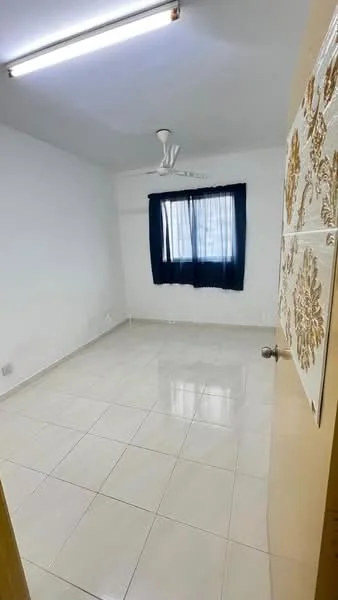 Room features: white painted walls, glossy ceramic tile flooring, ceiling fan, window with sheer curtains, neutral color scheme, light fixture on ceiling, door with decorative panel; style: modern.
