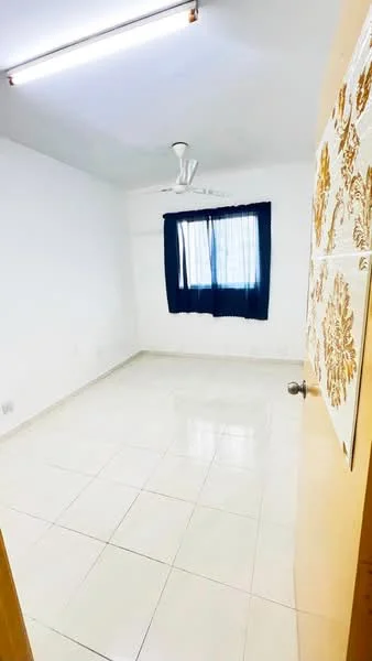 Room features: white painted walls, tile flooring, ceiling fan, window with blue curtains, door with decorative panel, natural light from window; style: modern.