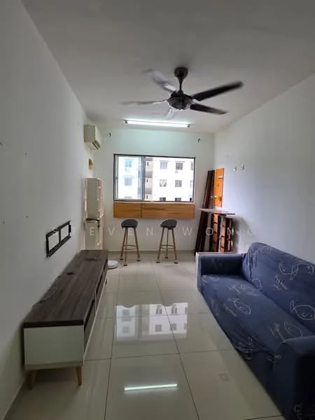 Living features: white painted walls, glossy tile flooring, 5-blade ceiling fan, floor-to-ceiling window, wooden TV console, blue fabric sofa, bar stools, wooden shelving unit; style: modern.