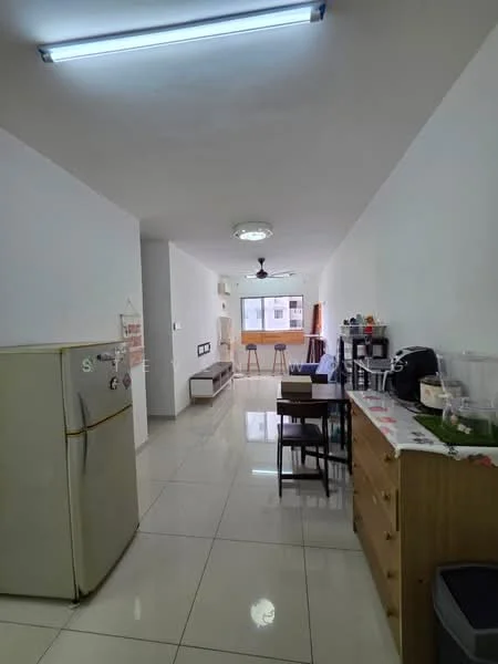 Room features: white painted walls, glossy tile flooring, ceiling light fixture, 5-blade ceiling fan, stainless-steel fridge, wooden dining table with stools, wooden sideboard, coffee machine, kettle, countertop with storage, window with natural light; style: modern; view: city.