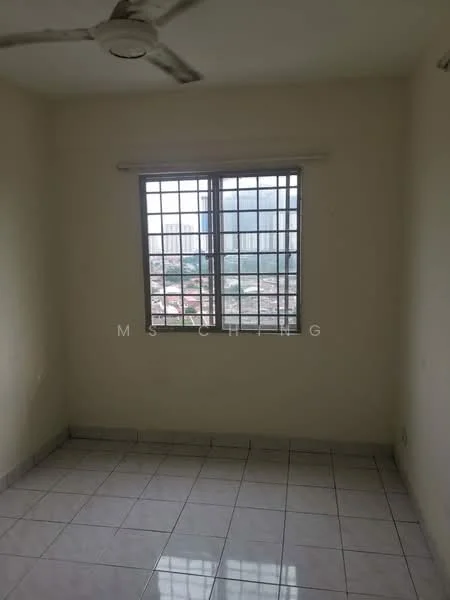 Room features: white painted walls, tile flooring, single ceiling fan, square window with metal grille, city view through window; view: city.
