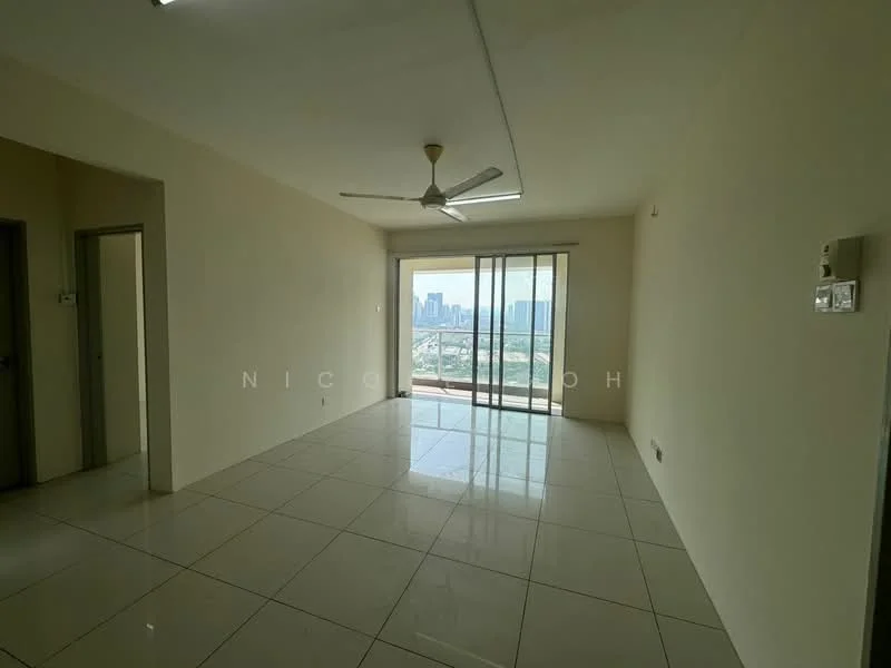 Living features: white painted walls, glossy ceramic tile flooring, 5-blade ceiling fan, floor-to-ceiling sliding glass door, city skyline view, recessed lighting, neutral color scheme, open layout; style: modern; view: city.
