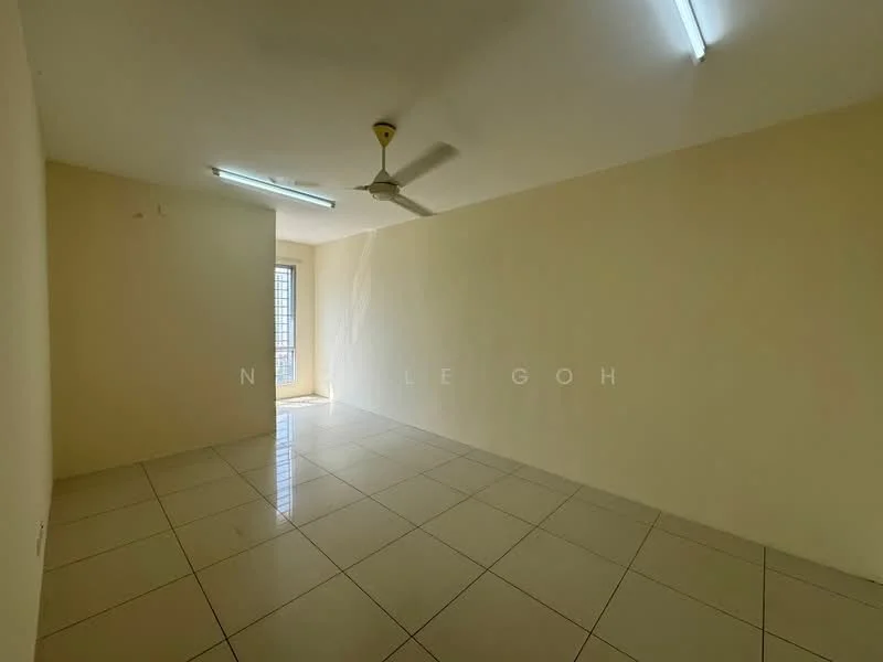 Room features: cream painted walls, glossy ceramic tile flooring, ceiling fan, fluorescent ceiling lights, window with grille, natural light from window.