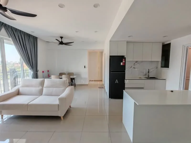 Living features: 3-seater fabric sofa in white, coffee table, floor-to-ceiling windows, grey curtains, recessed downlights, ceiling fan, marble countertop, white cabinetry, black refrigerator, open layout, tile flooring, kitchen island, view of city skyline; style: modern; view: city. Kitchen features: white cabinetry, marble backsplash, black refrigerator, kitchen island, stainless-steel sink, chrome pull-down faucet, recessed downlights, tile flooring; style: modern.