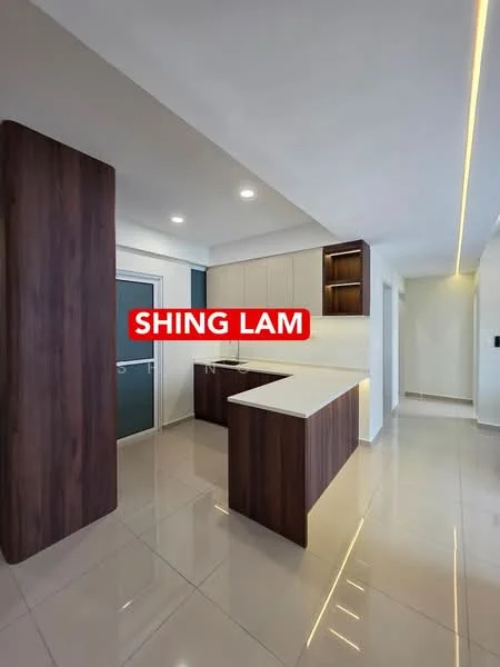 Kitchen features: island kitchen with countertop, white cabinetry, dark wood cabinetry, stainless-steel appliances, recessed downlights, glossy tile flooring, modern faucet, open layout, wall-mounted cabinets, neutral wall color; style: modern.