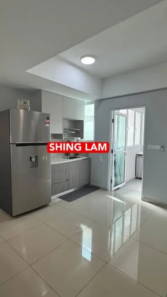 Kitchen features: stainless-steel fridge, built-in oven, grey cabinetry, white countertop, single-bowl stainless-steel sink, chrome pull-down faucet, ceramic tile flooring, recessed downlights, window with sheer curtains, open layout; style: modern.