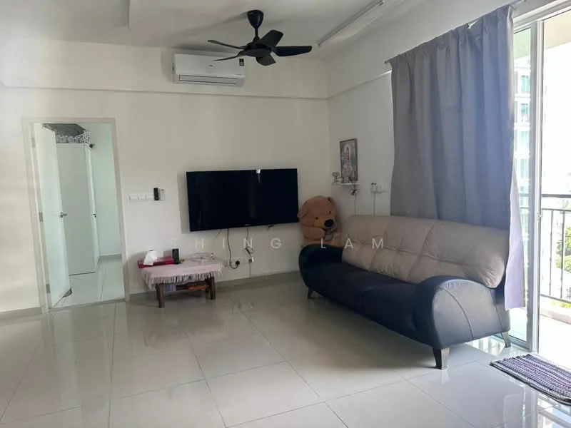 Living features: 3-seater fabric sofa in beige, wall-mounted TV, TV console, floor-to-ceiling windows, grey curtains, ceiling fan, air conditioning unit, glossy tile flooring, decorative wall art, teddy bear, coffee table; style: modern; view: city.