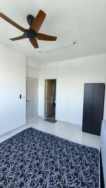 Room features: white painted walls, polished tile flooring, 5-blade ceiling fan, black wardrobe, area rug with floral pattern, doorway leading to another room, window with natural light, fluorescent ceiling light; style: modern.