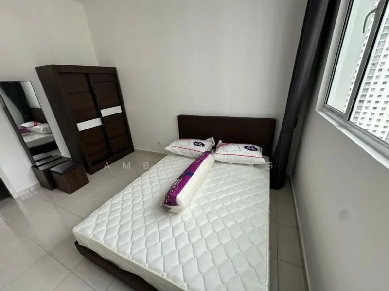 Bedroom features: queen-size bed with upholstered headboard, white mattress, decorative bolster pillow, brown wooden wardrobe with sliding doors, full-length mirror, white tiled flooring, floor-to-ceiling window with grey curtains, wall-mounted light fixture; style: modern.