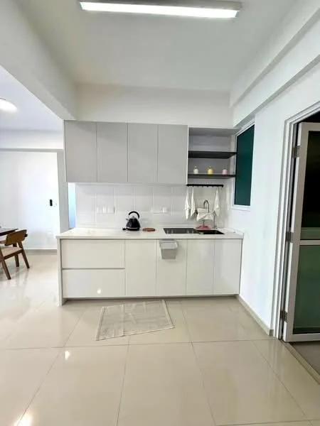 Kitchen features: white cabinetry, grey upper cabinets, single-bowl stainless-steel sink, chrome pull-down faucet, white quartz countertop, tile backsplash, built-in oven, stainless-steel range hood, ceramic tile flooring, recessed LED downlights, open shelving, kitchen island, window with green view, kitchen mat; style: modern.