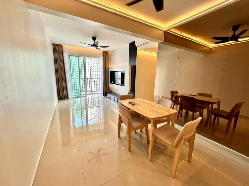 Dining features: dining table with 4 chairs, floor-to-ceiling windows, mirrored wall, light wood flooring, ceiling fan, recessed LED downlights, neutral painted walls, open layout to living area; style: modern; view: city.