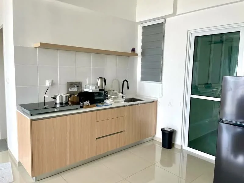 Kitchen features: wood cabinetry, black countertop, single-bowl stainless-steel sink, chrome pull-down faucet, built-in microwave, stainless-steel kettle, toaster, coffee machine, ceramic tile flooring, white tiled backsplash, sliding glass door, window with louvered shutters, trash bin; style: modern.