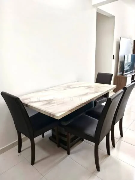 Dining features: marble dining table, 4 upholstered dining chairs in black, wooden base for table, white painted walls, ceramic tile flooring, wall-mounted TV in background, neutral decor; style: modern.