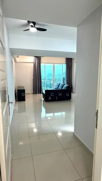 Living features: large floor-to-ceiling windows, grey curtains, black sofa, ceiling fan, glossy tile flooring, neutral painted walls, coffee table, city skyline view; style: modern; view: city. Room features: white painted walls, glossy tile flooring, doorway leading to living area.