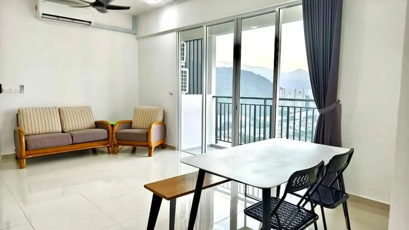 Living features: 2-seater fabric sofa in beige, 3-seater fabric sofa in grey, floor-to-ceiling windows, sliding glass door, mountain view, white painted walls, polished ceramic tile flooring, ceiling fan, dining table with wooden legs, 3 black dining chairs, curtains in grey, air conditioning unit; style: modern; view: mountain.