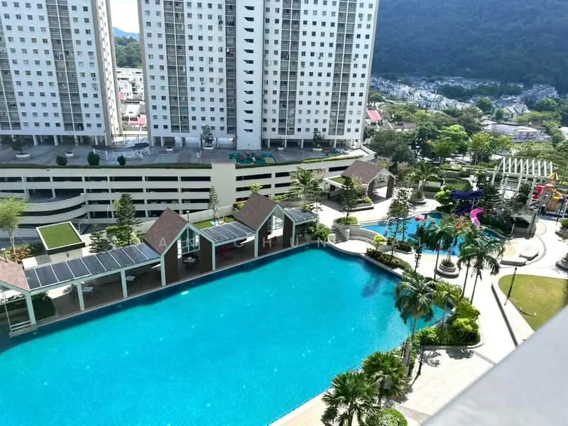 Exterior type: high-rise condominium; features: infinity pool, swimming pool deck, landscaped garden, children's playground, manicured lawn, palm trees, water slide, covered pavilions, multi-storey car park, surrounded by greenery; style: modern.