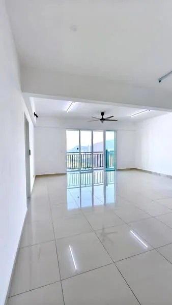 Living features: white painted walls, glossy ceramic tile flooring, 5-blade ceiling fan, floor-to-ceiling sliding glass door, balcony access, natural light from large windows, neutral color scheme, open layout; style: modern; view: city.