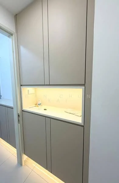 Room features: built-in cabinetry with lighted display shelf, light grey cabinetry, white countertop, recessed lighting, white tiled flooring, minimalist design, wall-mounted light fixture; style: modern.