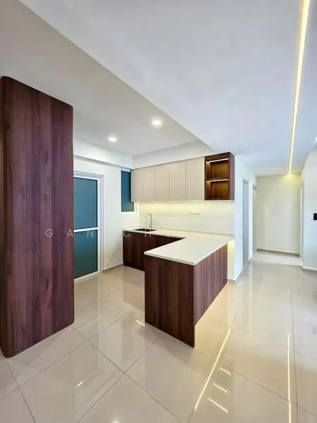 Kitchen features: kitchen island with countertop, white quartz countertop, dark wood cabinetry, light grey upper cabinets, built-in sink, chrome faucet, recessed downlights, white tiled backsplash, ceramic tile flooring, open layout, sliding glass door, pantry area; style: modern.