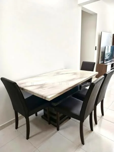 Dining features: marble-top dining table, 4 upholstered dining chairs in black, light-colored walls, tile flooring, wall-mounted TV, wooden TV console, neutral decor; style: modern.