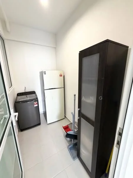 Laundry features: white walls, grey tile flooring, single-bowl stainless-steel sink, front-load washing machine, stainless-steel fridge, dark wood storage cabinet, mop and bucket, cleaning supplies; style: modern.