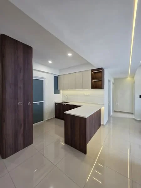 Kitchen features: white quartz countertop, dark wood cabinetry, stainless-steel sink, chrome pull-down faucet, built-in oven, freestanding range oven, recessed LED downlights, white tiled backsplash, open shelving, ceramic tile flooring, sliding glass door, pantry cabinet, island with seating, modern design; style: modern.